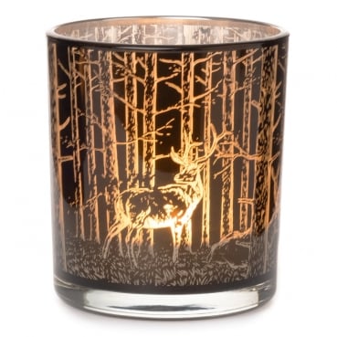 Teelichtglas Hirsche im Wald in Braun, innen silber verspiegelt, 80 mm