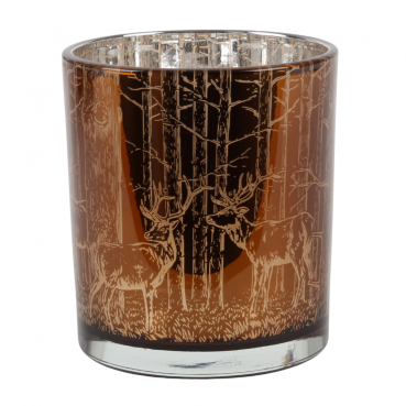 Teelichtglas Hirsche im Wald in Braun, innen silber verspiegelt, 80 mm