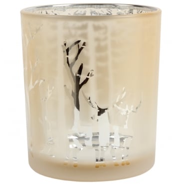Teelichtglas Hirsche im Wald in Champagner, innen silber verspiegelt, 10 cm