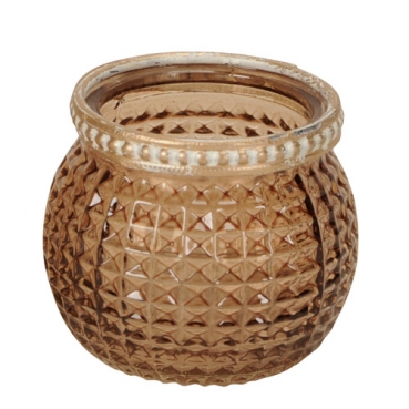 Teelichtglas, Windlicht Vintage mit Metallrand in Braun, 65 mm