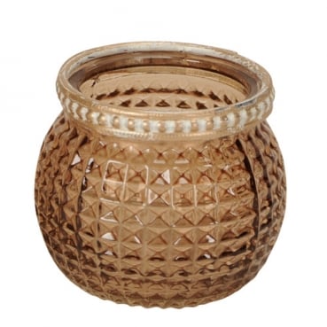 Teelichtglas, Windlicht Vintage mit Metallrand in Braun, 65 mm