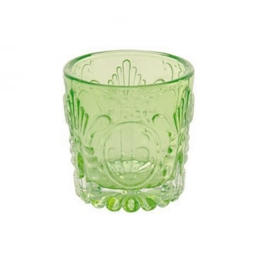 Kleines Teelichtglas mit Ornamentmotiv in Hellgrün, 57 mm