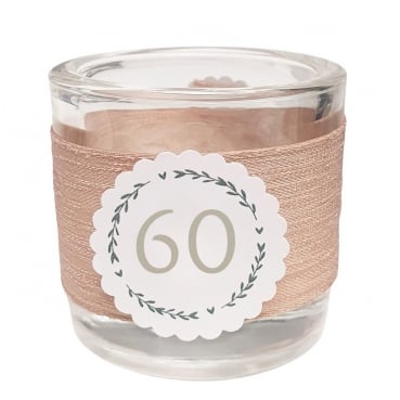 Teelichtglas Geburtstag, Kranz mit auswählbarer Jahreszahl, 65 mm.