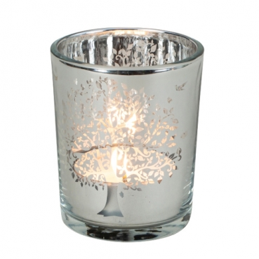 Teelichtglas Lebensbaum in Silber verspiegelt, 67 mm Teelichtglas Lebensbaum in Silber verspiegelt, 67 mm.