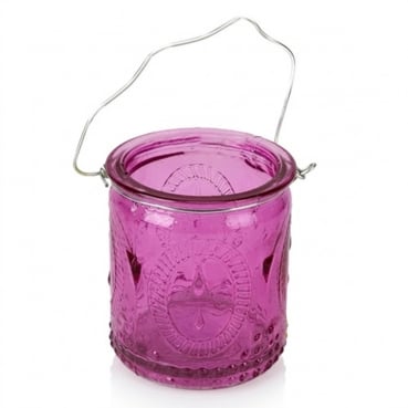 Teelichtglas Lilienmotiv mit Henkel in Pink