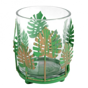 Teelichtglas mit Metallblättern, Monsterablatt in Grün, Nr. 2, 80 mm