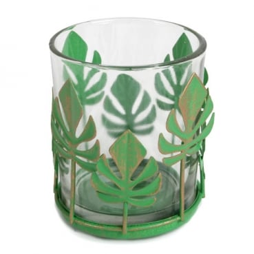 Teelichtglas mit Metallblättern, Monsterablatt in Grün, 80 mm