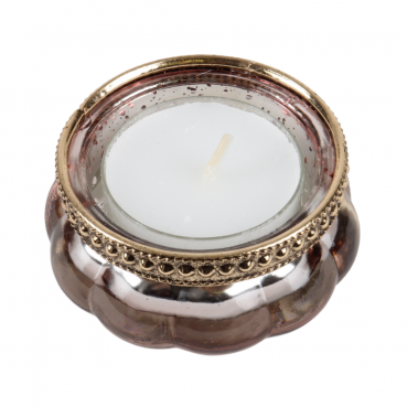 vTeelichtglas Vintage mit Metallrand in Antik-Rosa schimmernd/Gold, verspiegelt, 60 mm. Foto mit Teelicht.