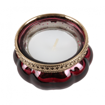 Teelichtglas Vintage in Beere verspiegelt mit Metallrand in Antik-Gold, 60 mm. Foto mit Teelicht.
