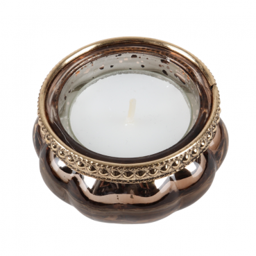 Teelichtglas Vintage mit Metallrand in Bronze/Gold, verspiegelt, 60 mm. Foto mit Teelicht.