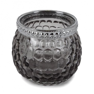 Teelichtglas, Windlicht mit Metallrand in Dunkelgrau/Silber, 65 mm