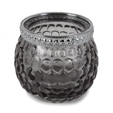 Teelichtglas, Windlicht mit Metallrand in Dunkelgrau/Silber, 65 mm