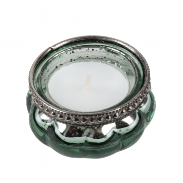 Teelichtglas Vintage mit Metallrand in Grün/Silber verspiegelt, 60 mm. Foto mit Teelicht.