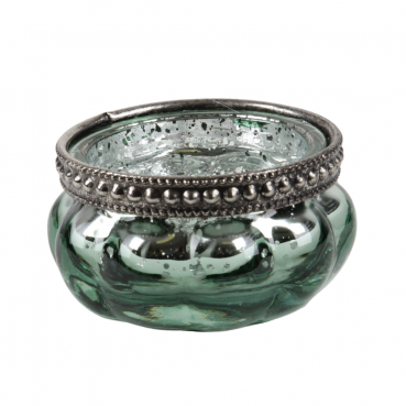 Teelichtglas Vintage mit Metallrand in Grün/Silber verspiegelt, 60 mm