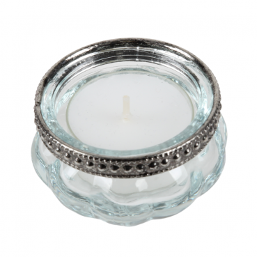 Teelichtglas Vintage klar mit Metallrand in Antik-Silber, 60 mm. Foto mit Teelicht.