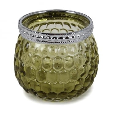Teelichtglas, Windlicht mit Metallrand in Olivgrün/Silber, 65 mm