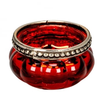 Teelichtglas Vintage in Rot verspiegelt mit Metallrand in Antik-Silber, 60 mm