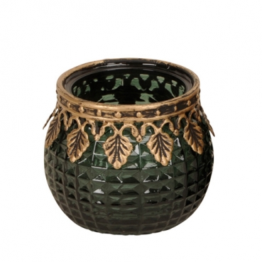 Teelichtglas Karomuster mit Metallverzierung in Dunkelgrün/Antik-Gold, 65 mm