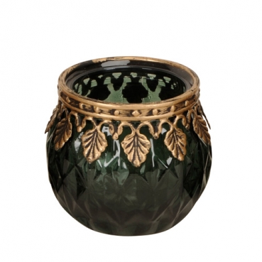 Teelichtglas Rautenmuster mit Metallverzierung in Dunkelgrün/Antik-Gold, 65 mm