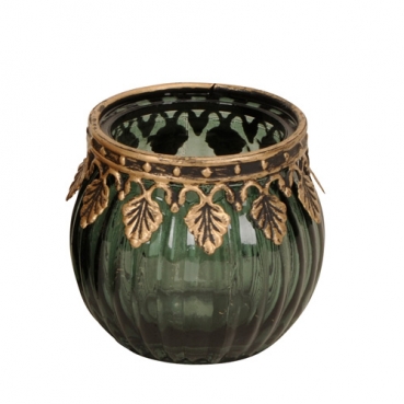 Teelichtglas gestreift mit Metallverzierung in Dunkelgrün/Antik-Gold, 65 mm