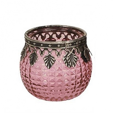 Teelichtglas Karomuster mit Metallverzierung in Rosa/Antik-Silber, 65 mm