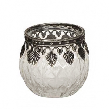 Teelichtglas Rautenmuster mit Metallverzierung, klar/antik-silber, 65 mm