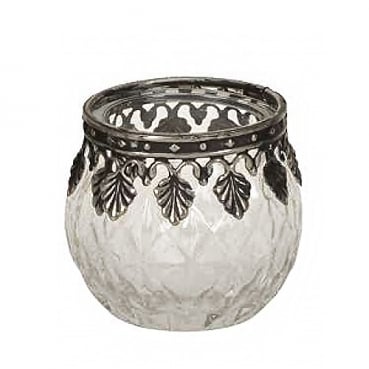 Teelichtglas Rautenmuster mit Metallverzierung, klar/antik-silber, 65 mm