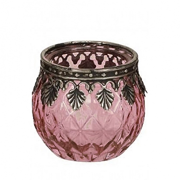 Teelichtglas Rautenmuster mit Metallverzierung in Rosa/Antik-Silber, 65 mm