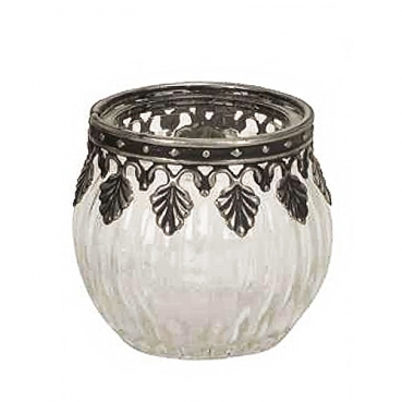 Teelichtglas gestreift mit Metallverzierung, klar/antik-silber, 65 mm