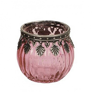 Teelichtglas gestreift mit Metallverzierung in Rosa/Antik-Silber, 65 mm