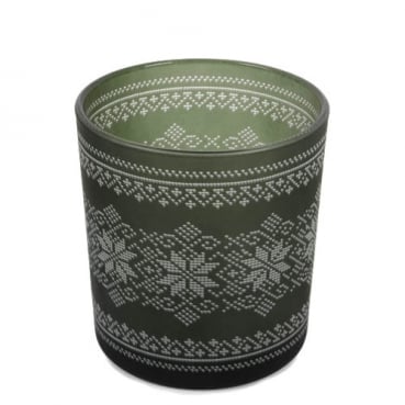 Teelichtglas Winter, Weihnachten mit Norweger Muster Dunkelgrün, 80 mm