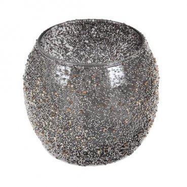 Teelichtglas Kugel mit Mini-Perlenverzierung in Grau/Silber, 80 mm