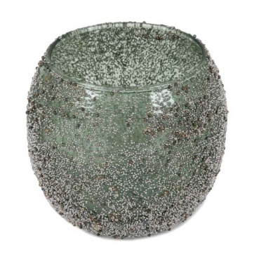 Teelichtglas Kugel mit Mini-Perlenverzierung in Grün/Silber, 80 mm