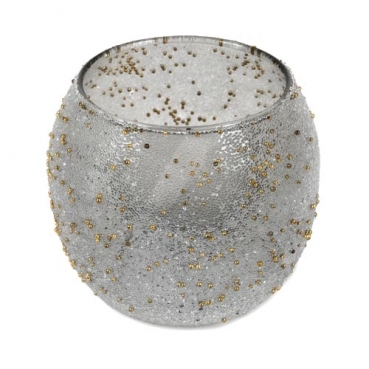 Teelichtglas Kugel mit Mini-Perlenverzierung in Klar/Gold, 80 mm