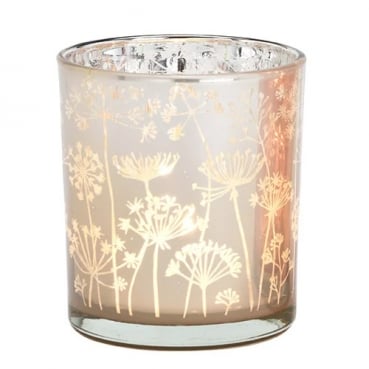 Teelichtglas Pusteblume in Weiß/Silber verspiegelt, 80 mm