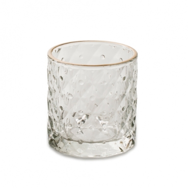 Teelichtglas, rund, Karos mit Punkten, klar, Rand in Antik-Gold, 73 mm