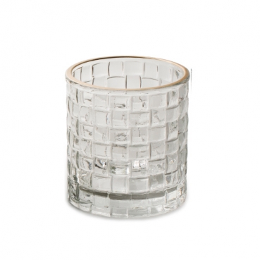 Teelichtglas, rund, eckiges Muster, klar, Rand in Antik-Gold, 73 mm