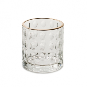 Teelichtglas, rund, ovales Muster, klar, Rand in Antik-Gold, 73 mm