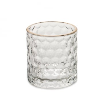 Teelichtglas, rund, Wabenmuster, klar, Rand in Antik-Gold, 73 mm