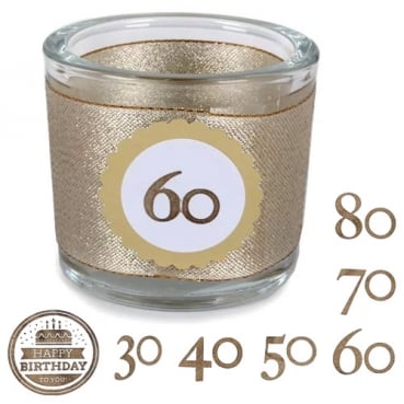 Kerzenglas Geburtstag, Glitzerband in Gold mit auswählbarer Jahreszahl, 80 mm