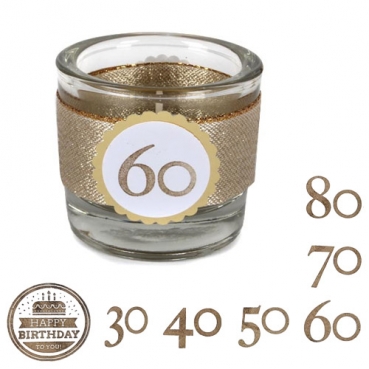Teelichtglas Geburtstag, Glitzerband in Gold mit auswählbarer Jahreszahl, 65 mm