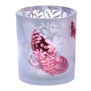 Teelichtglas Schmetterlinge in Weiß matt/Rosa verspiegelt, 80 mm