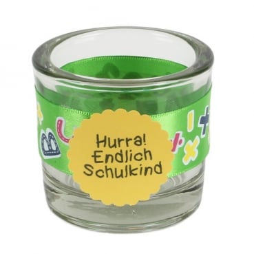 Teelichtglas Einschulung, Band, Button in Grün/Gelb, 65 mm