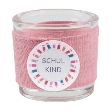 Teelichtglas Einschulung, Schulkind in Rosa, Schriftzug in Flieder, 65 mm