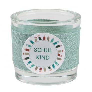 Teelichtglas Einschulung in Eukalyptus, Schriftzug in Grün, 65 mm