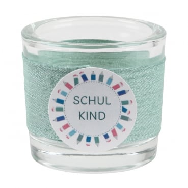 Teelichtglas Einschulung in Eukalyptus, Schriftzug in Petrol, 65 mm