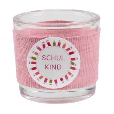 Teelichtglas Einschlung, Schulkind in Rosa, Schriftzug in Pink, 65 mm