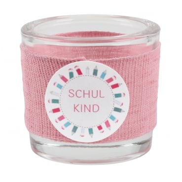 Teelichtglas Einschulung in Rosa, Schriftzug in Rosa, 65 mm