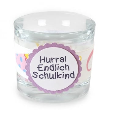 Teelichtglas Einschulung -Hurra! Endlich Schulkind-, 65 mm