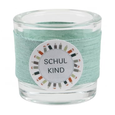 Teelichtglas Einschulung in Eukalyptus, Schriftzug in Tafelgrün, 65 mm